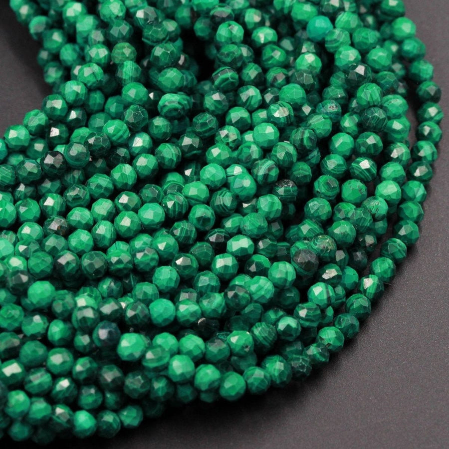 AAA Micro Faceted Natural Green Malachite Round Beads 2mm 3mm 4mm 5mm 6mm Laser Diamond Cut Gemstone 15.5" Strand