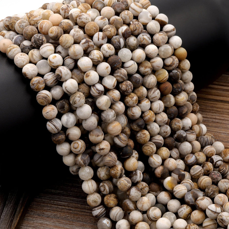Matte Natural Petrified Wooden Opal Beads 4mm 6mm 8mm 10mm 12mm Round Beads Earthy Beige Brown Yellow Gray Natural Stone 15.5" Strand