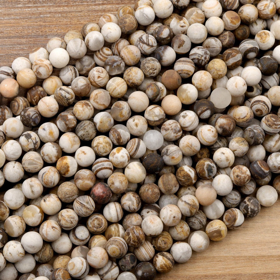 Matte Natural Petrified Wooden Opal Beads 4mm 6mm 8mm 10mm 12mm Round Beads Earthy Beige Brown Yellow Gray Natural Stone 15.5" Strand
