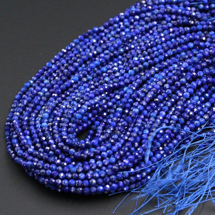 Micro Faceted Natural Blue Lapis Lazuli Round Beads Tiny Small 3mm Faceted Round Beads Diamond Cut Gemstone 15.5" Strand