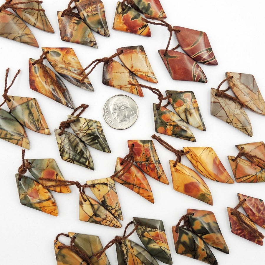 Natural Red Creek Jasper Abstract Butterfly Wing Earring Pair Cabochon Cab Drilled Matched Gemstone Bead Pair Aka Multicolor Picasso Jasper
