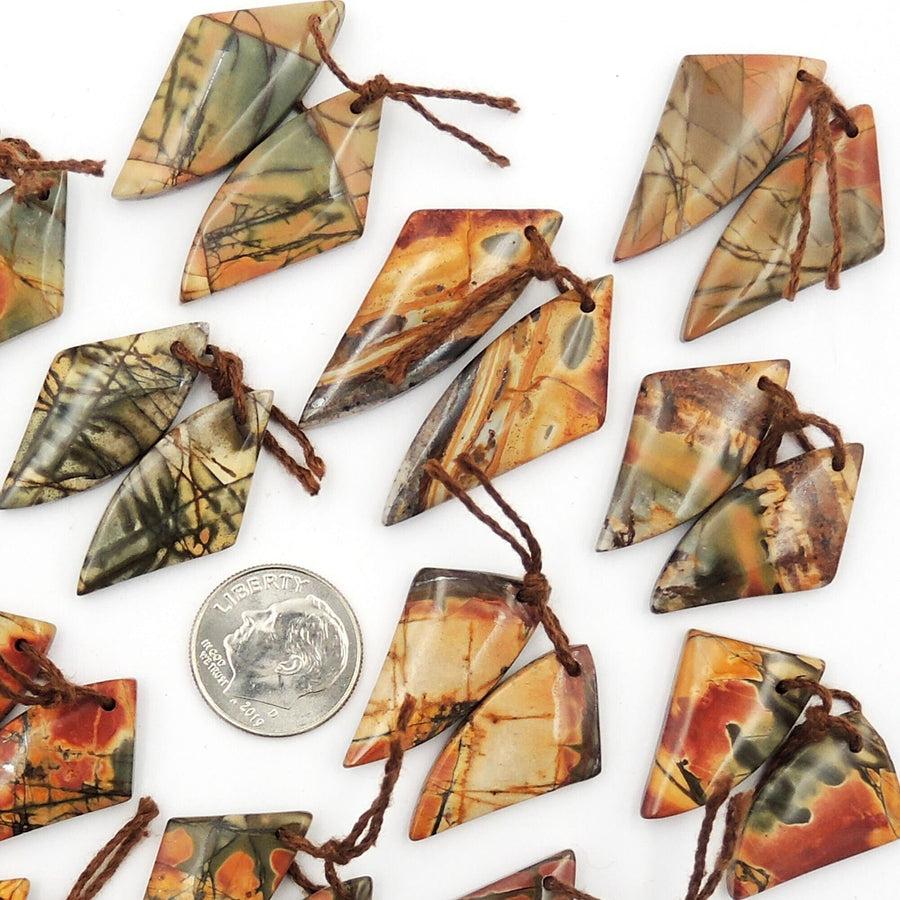Natural Red Creek Jasper Abstract Butterfly Wing Earring Pair Cabochon Cab Drilled Matched Gemstone Bead Pair Aka Multicolor Picasso Jasper