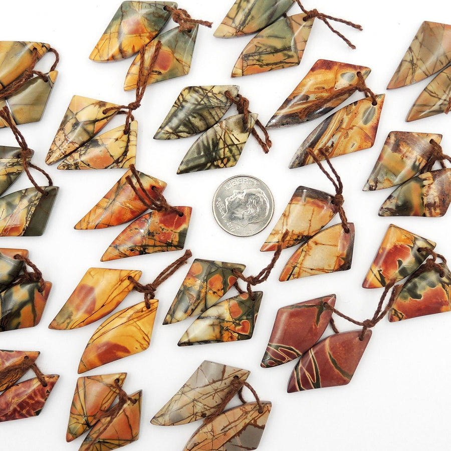 Natural Red Creek Jasper Abstract Butterfly Wing Earring Pair Cabochon Cab Drilled Matched Gemstone Bead Pair Aka Multicolor Picasso Jasper
