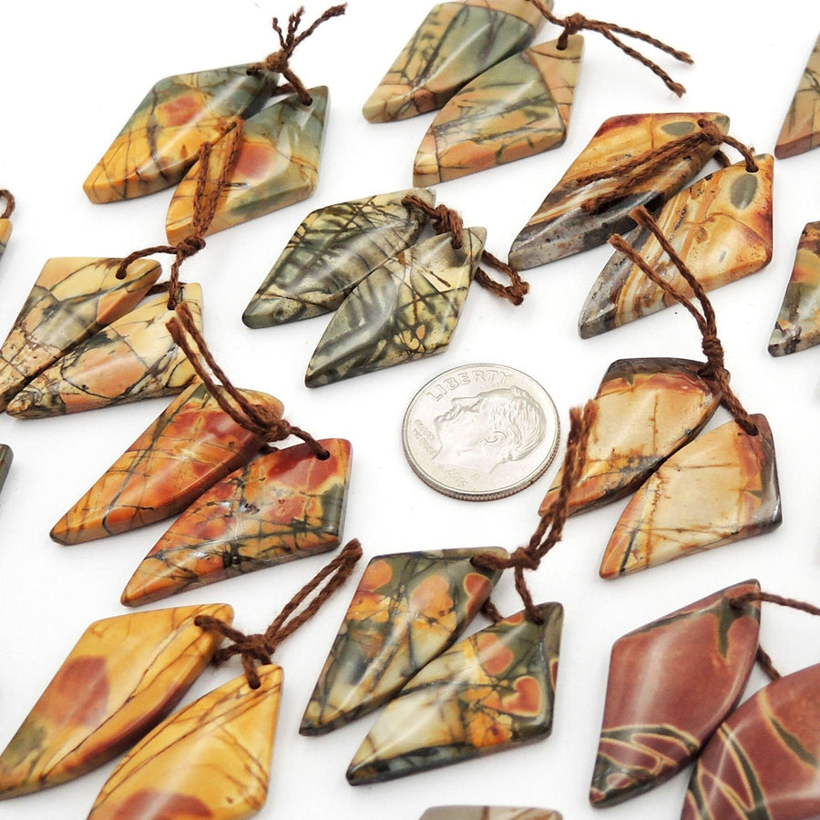 Natural Red Creek Jasper Abstract Butterfly Wing Earring Pair Cabochon Cab Drilled Matched Gemstone Bead Pair Aka Multicolor Picasso Jasper