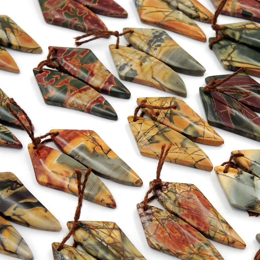 Natural Red Creek Jasper Abstract Butterfly Wing Earring Pair Cabochon Cab Drilled Matched Gemstone Bead Pair Aka Multicolor Picasso Jasper