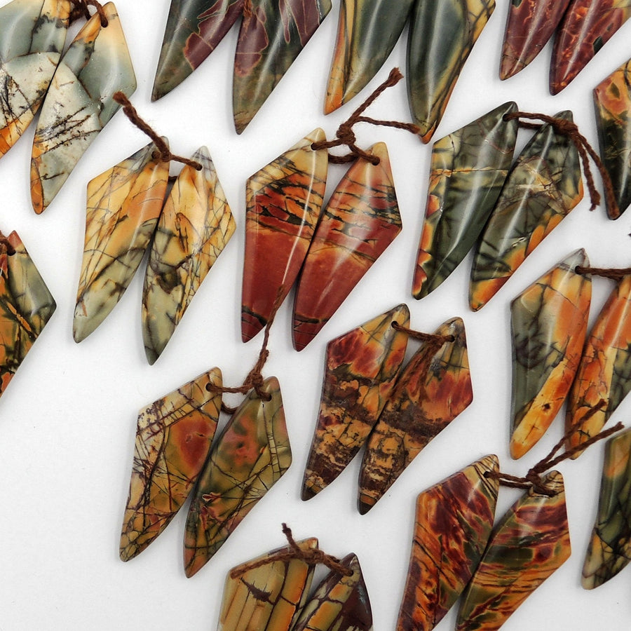Natural Red Creek Jasper Abstract Butterfly Wing Earring Pair Cabochon Cab Drilled Matched Gemstone Bead Pair Aka Multicolor Picasso Jasper