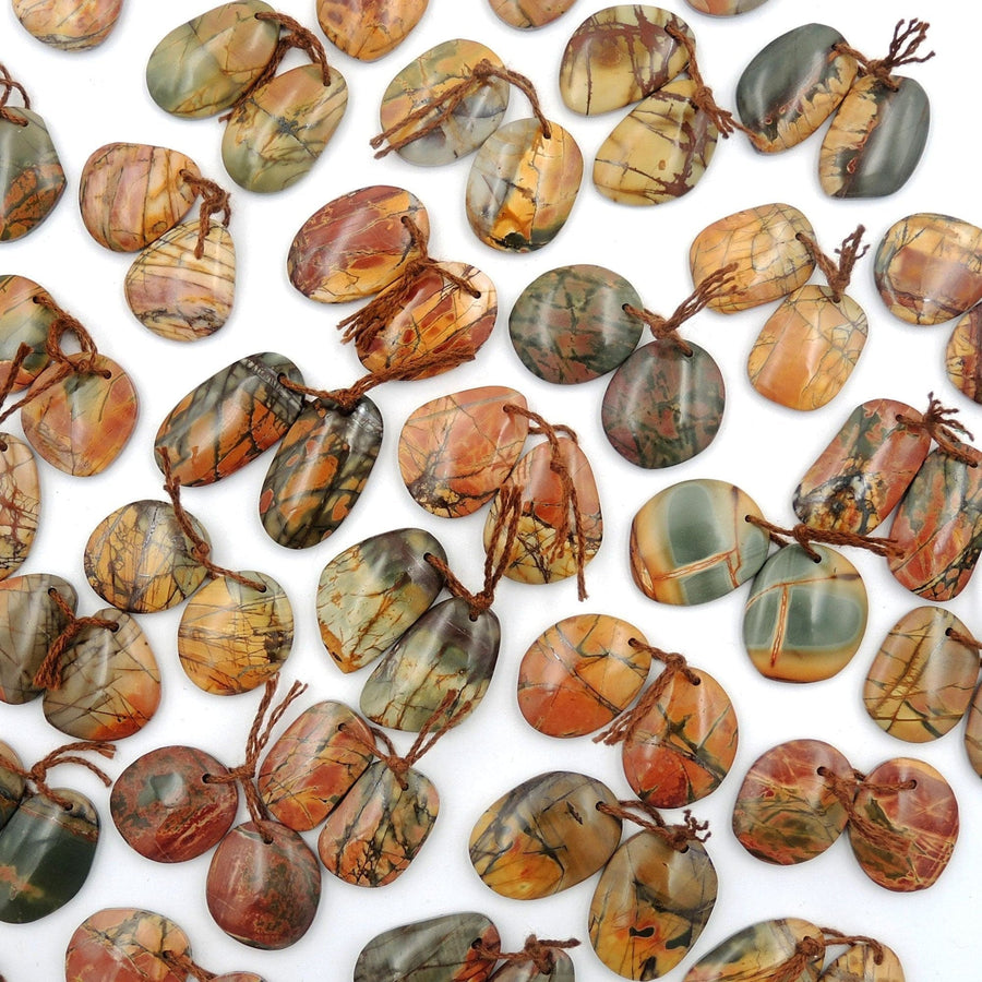 Natural Red Creek Jasper Freeform Earring Pair Cabochon Cab Drilled Matched Gemstone Bead Pair Aka Multicolor Picasso Jasper