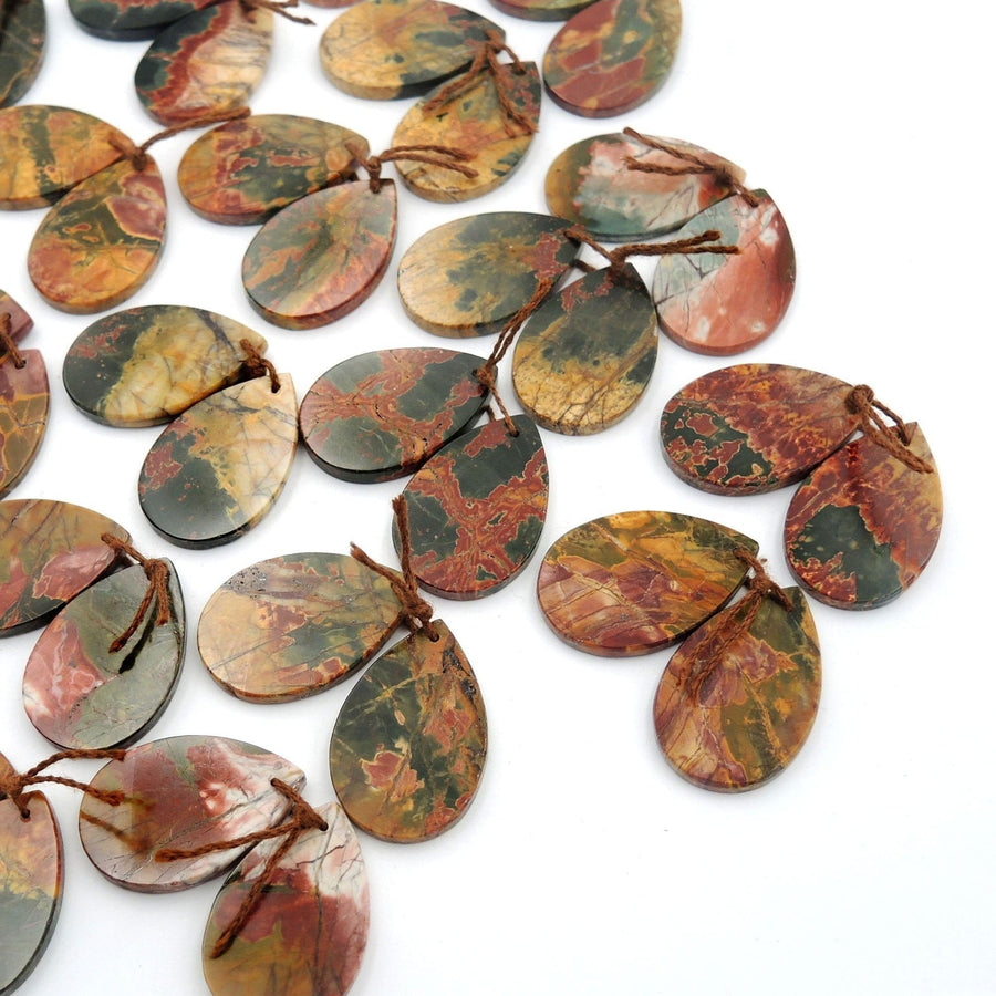 Natural Red Creek Jasper Earring Pair Cabochon Drilled Long Flat Teardrop Matched Gemstone Bead Pair Aka Multicolor Picasso Jasper