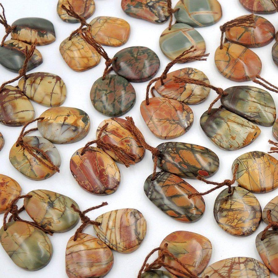 Natural Red Creek Jasper Freeform Earring Pair Cabochon Cab Drilled Matched Gemstone Bead Pair Aka Multicolor Picasso Jasper