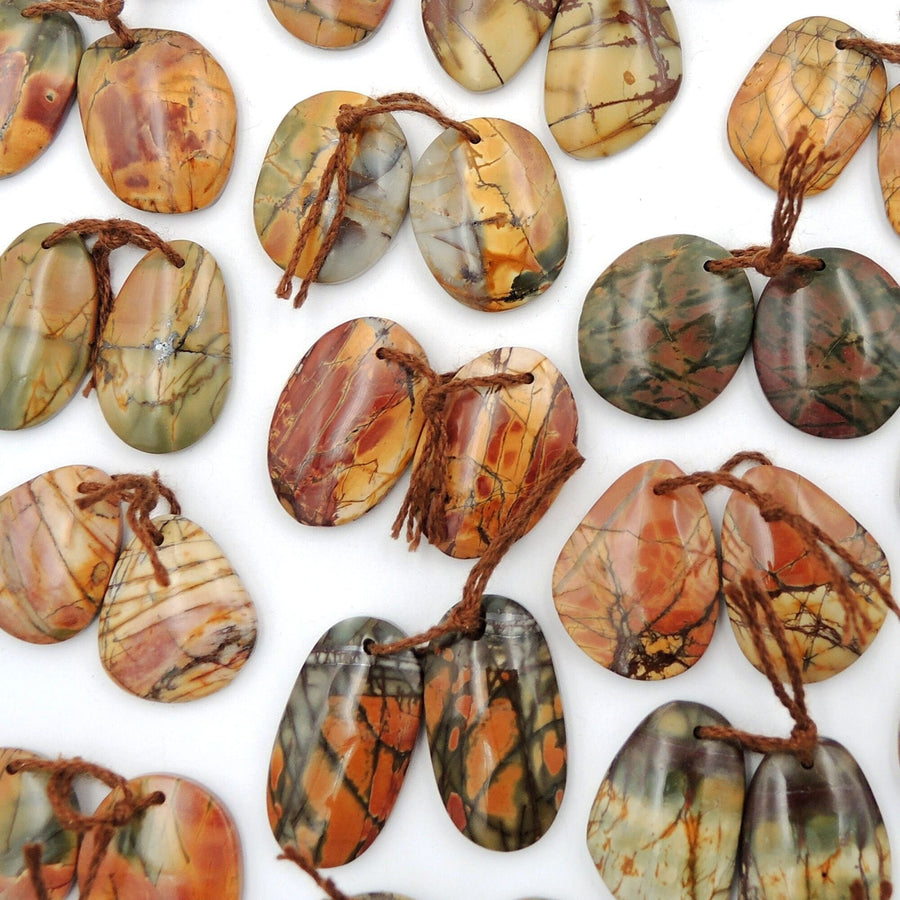 Natural Red Creek Jasper Freeform Earring Pair Cabochon Cab Drilled Matched Gemstone Bead Pair Aka Multicolor Picasso Jasper