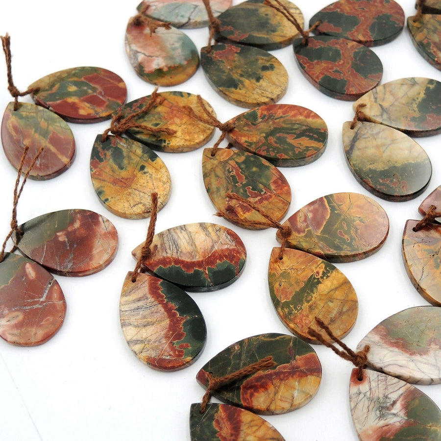 Natural Red Creek Jasper Earring Pair Cabochon Drilled Long Flat Teardrop Matched Gemstone Bead Pair Aka Multicolor Picasso Jasper