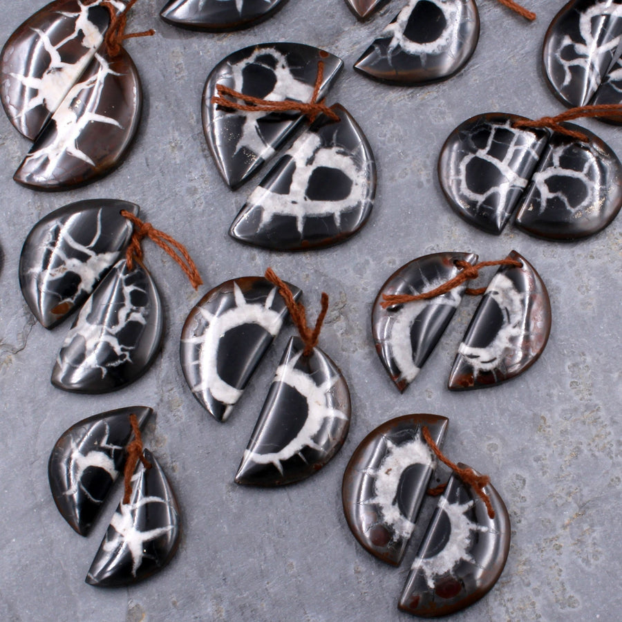 Natural Septarian Fossil Half Moon Earring Pair Cabochon Cab Pair Drilled Matched Earrings Black White Pattern Bead Pair