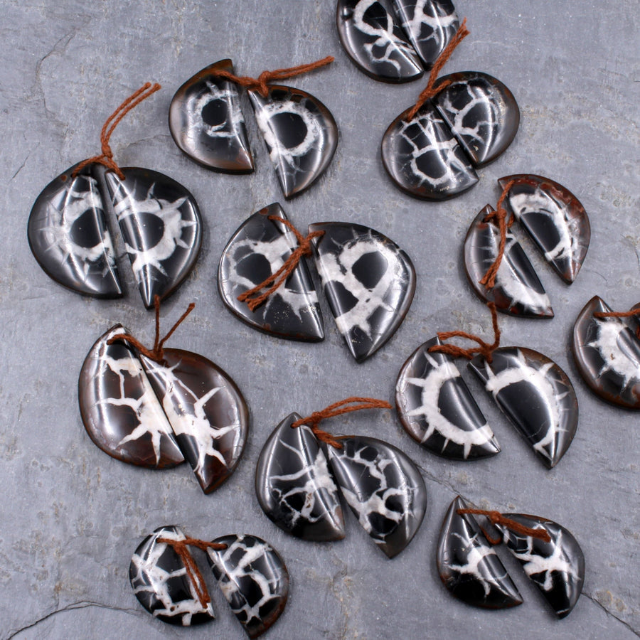 Natural Septarian Fossil Half Moon Earring Pair Cabochon Cab Pair Drilled Matched Earrings Black White Pattern Bead Pair