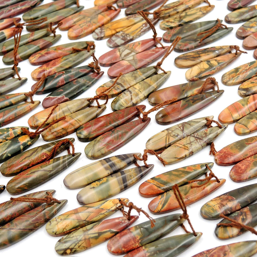 Natural Red Creek Jasper Teardrop Earring Pair Cabochon Cab Drilled Long Teardrop Matched Gemstone Bead Pair Aka Multicolor Picasso Jasper