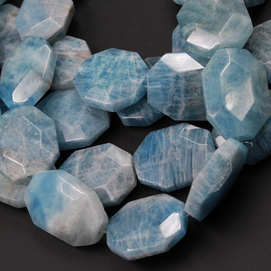 Large Faceted Aquamarine Bead Octagon Rectangle Slab Cushion Nugget Drilled Natural Blue Aquamarine Focal Pendant Bead 16" Strand