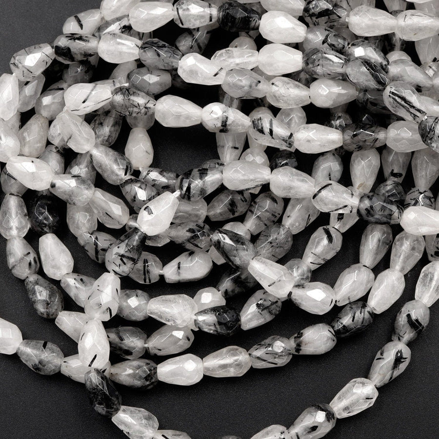 Faceted Natural Black Tourmaline Rutilated Quartz Teardrop Beads Vertically Drilled  Gemstone 15.5" Strand