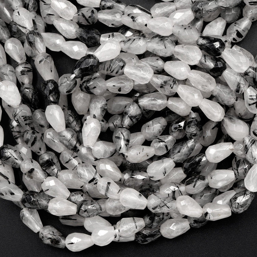 Faceted Natural Black Tourmaline Rutilated Quartz Teardrop Beads Vertically Drilled  Gemstone 15.5" Strand