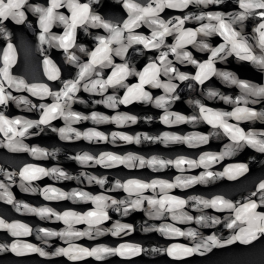 Faceted Natural Black Tourmaline Rutilated Quartz Teardrop Beads Vertically Drilled  Gemstone 15.5" Strand