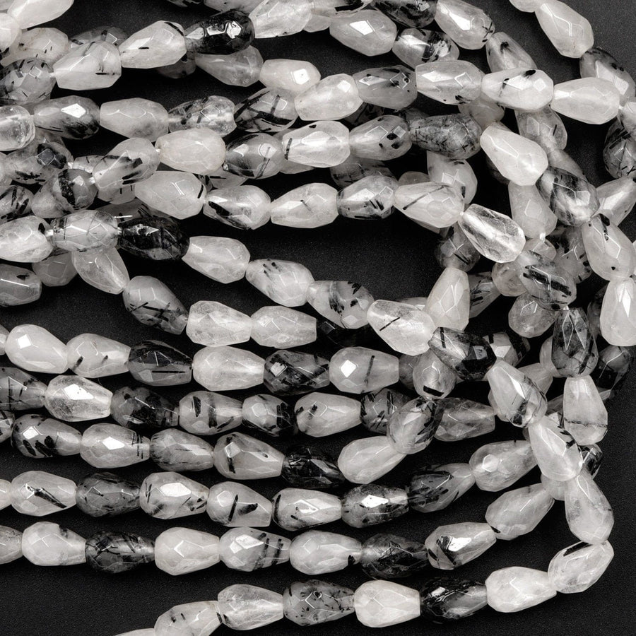 Faceted Natural Black Tourmaline Rutilated Quartz Teardrop Beads Vertically Drilled  Gemstone 15.5" Strand