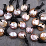 Large 4mm Drill Hole Coin Pearl Pendant Genuine Natural Freshwater Pearl Focal Bead Super Iridescent Golden Pink Peach Apricot Mauve Colors