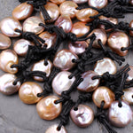 Large 4mm Drill Hole Coin Pearl Pendant Genuine Natural Freshwater Pearl Focal Bead Super Iridescent Golden Pink Peach Apricot Mauve Colors