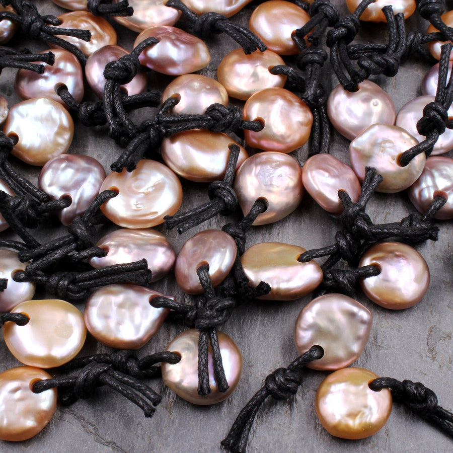 Large 4mm Drill Hole Coin Pearl Pendant Genuine Natural Freshwater Pearl Focal Bead Super Iridescent Golden Pink Peach Apricot Mauve Colors