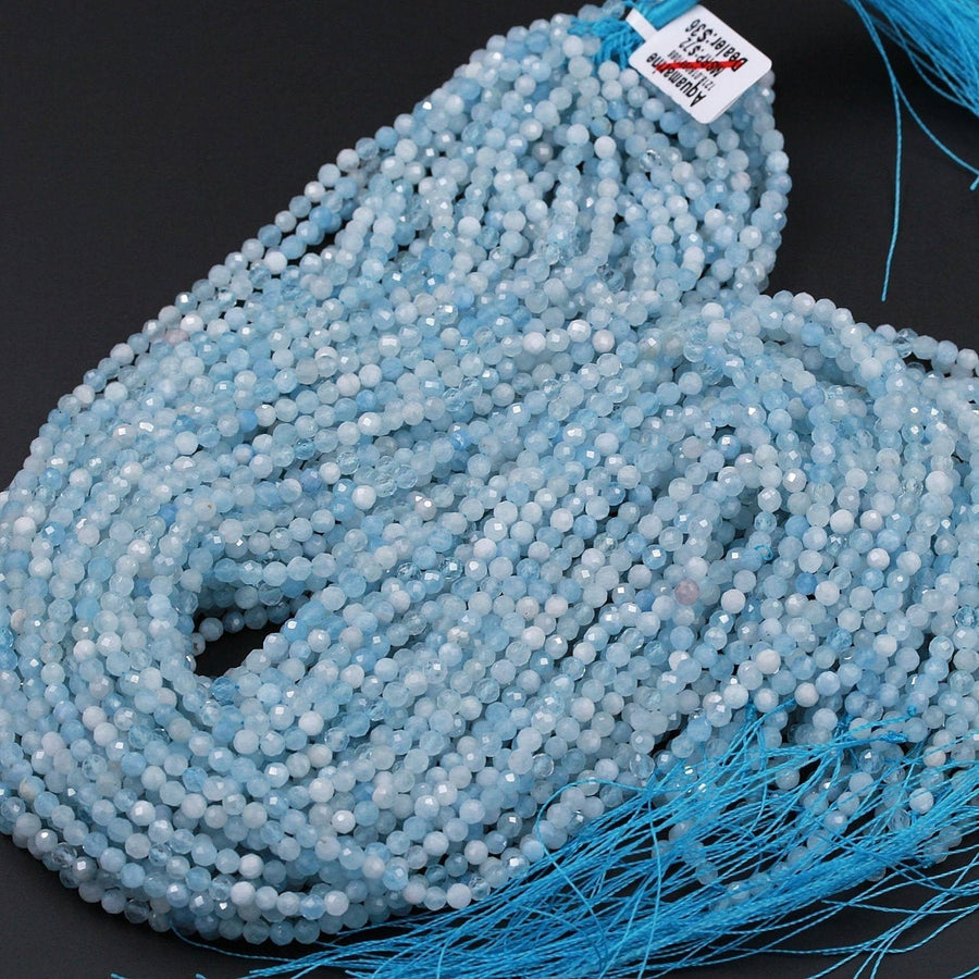 Micro Faceted Natural Aquamarine 2mm 3mm 4mm 6mm Faceted Round Beads Laser Diamond Cut Real Genuine Blue Aquamarine Gemstone 15.5" Strand