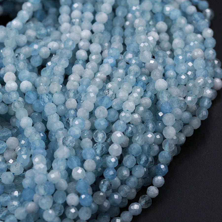 Micro Faceted Natural Aquamarine 2mm 3mm 4mm 6mm Faceted Round Beads Laser Diamond Cut Real Genuine Blue Aquamarine Gemstone 15.5" Strand