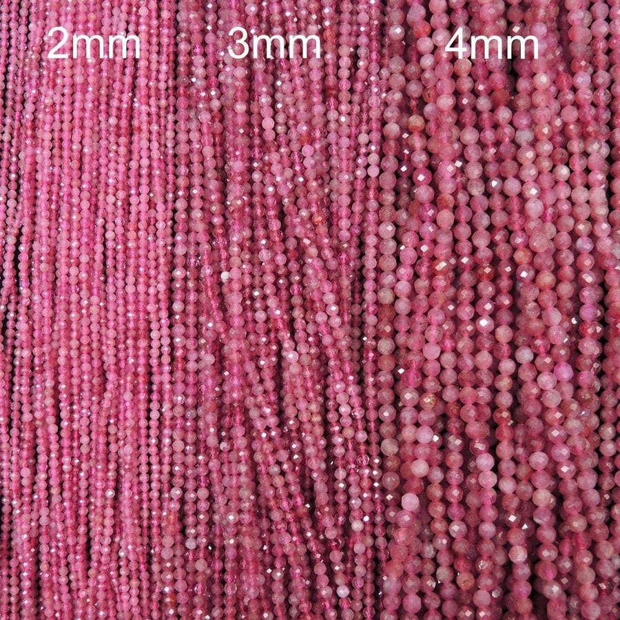 AAA Micro Faceted Natural Pink Tourmaline Faceted 2mm 3mm 4mm 5mm Round Beads Diamond Cut Gemstone 15.5" Strand