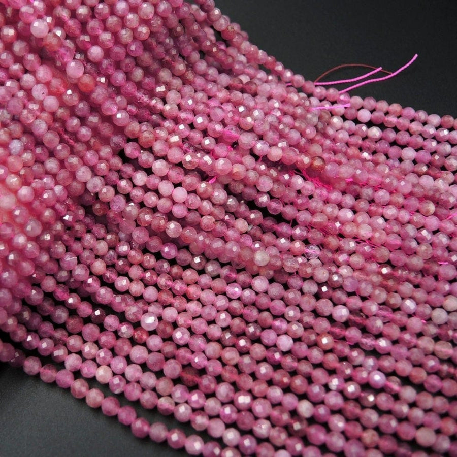 AAA Micro Faceted Natural Pink Tourmaline Faceted 2mm 3mm 4mm 5mm Round Beads Diamond Cut Gemstone 15.5" Strand