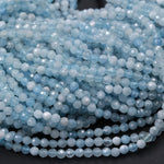 Micro Faceted Natural Aquamarine 2mm 3mm 4mm 6mm Faceted Round Beads Laser Diamond Cut Real Genuine Blue Aquamarine Gemstone 15.5" Strand