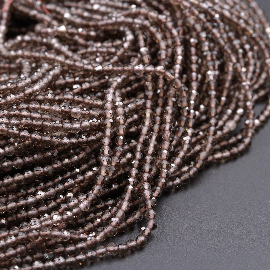 Faceted Natural Smoky Quartz  2mm 3mm 4mm Round Beads Micro Laser Diamond Cut Real Genuine Natural Gemstone 15.5" Strand