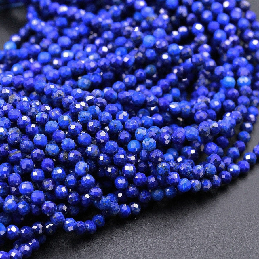 AAA Micro Faceted Natural Blue Lapis Lazuli Round Beads 2mm 3mm 4mm Diamond Cut Gemstone 15.5" Strand
