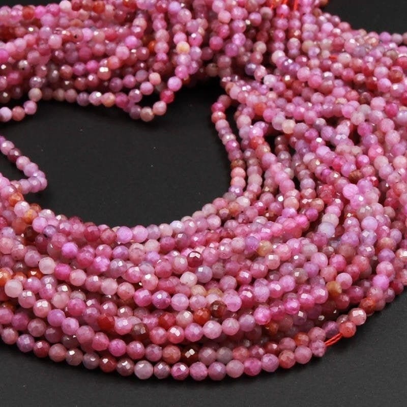 Genuine Natural Pink Red Ruby Faceted 2mm 3mm Gemstone Round Beads 15.5" Strand