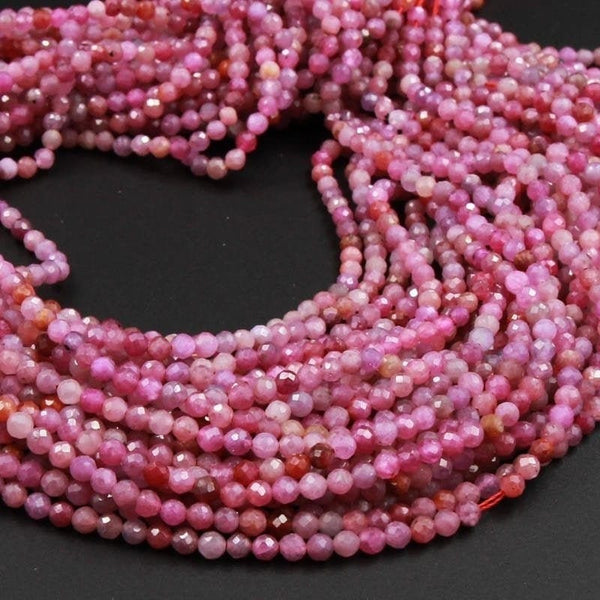 Genuine Natural Pink Red Ruby Faceted 2mm 3mm Gemstone Round Beads 15.5" Strand