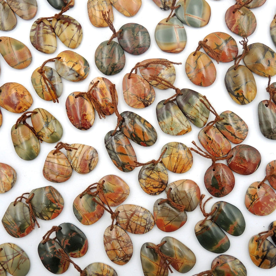 Natural Red Creek Jasper Freeform Earring Pair Cabochon Cab Drilled Matched Gemstone Bead Pair Aka Multicolor Picasso Jasper