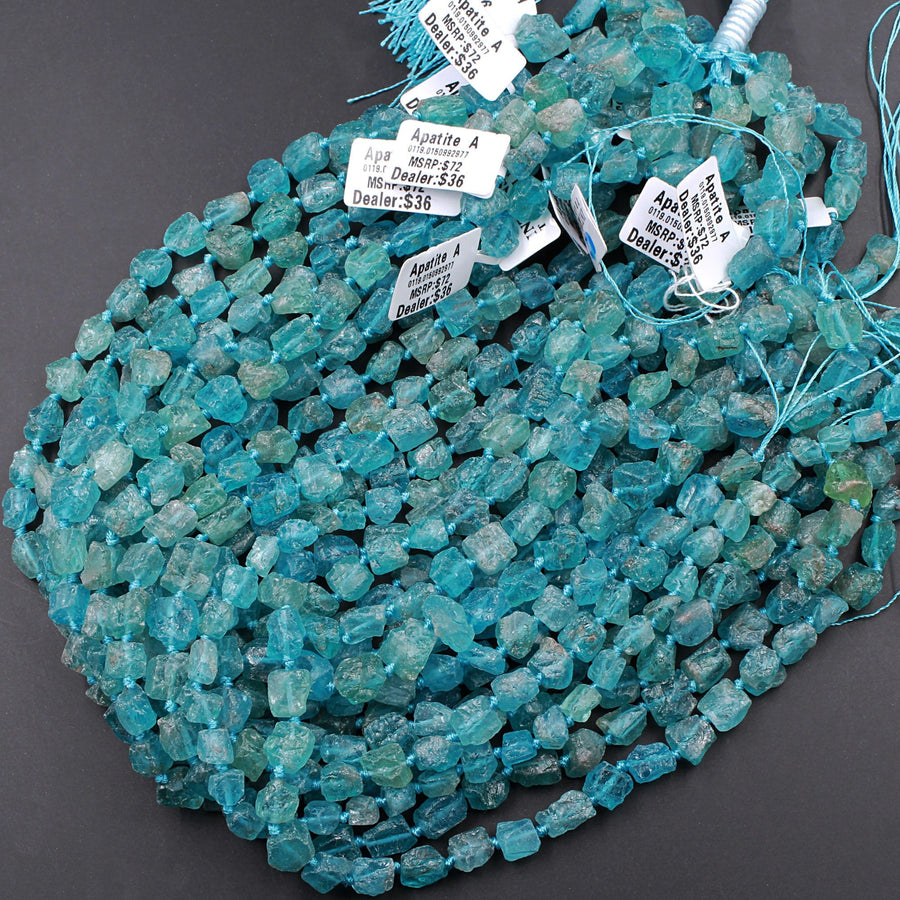 Raw Rough Apatite Freeform Beads Nuggets 6mm 8mm Extra Gemmy Translucent Teal Green Blue Gemstone Hand Hammered Beads  15.5" Strand