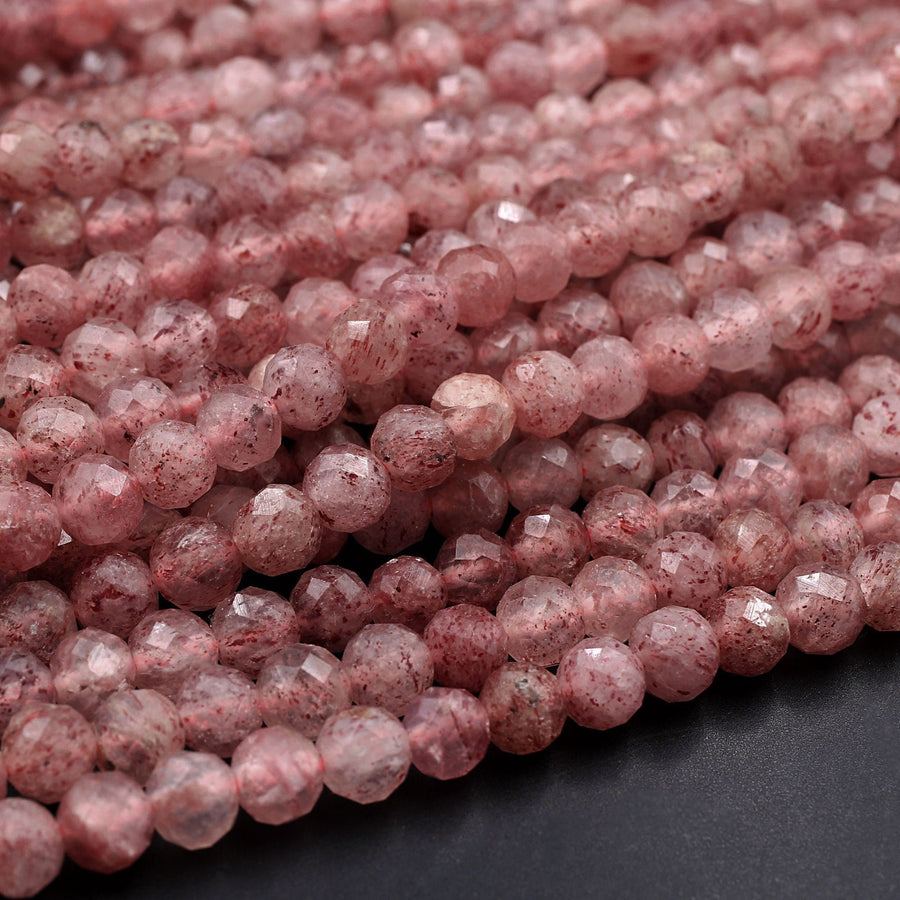 Faceted Natural Strawberry Quartz Faceted 3mm 6mm Round Beads 15.5" Strand