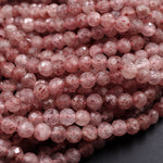 Faceted Natural Strawberry Quartz Faceted 3mm 6mm Round Beads 15.5" Strand