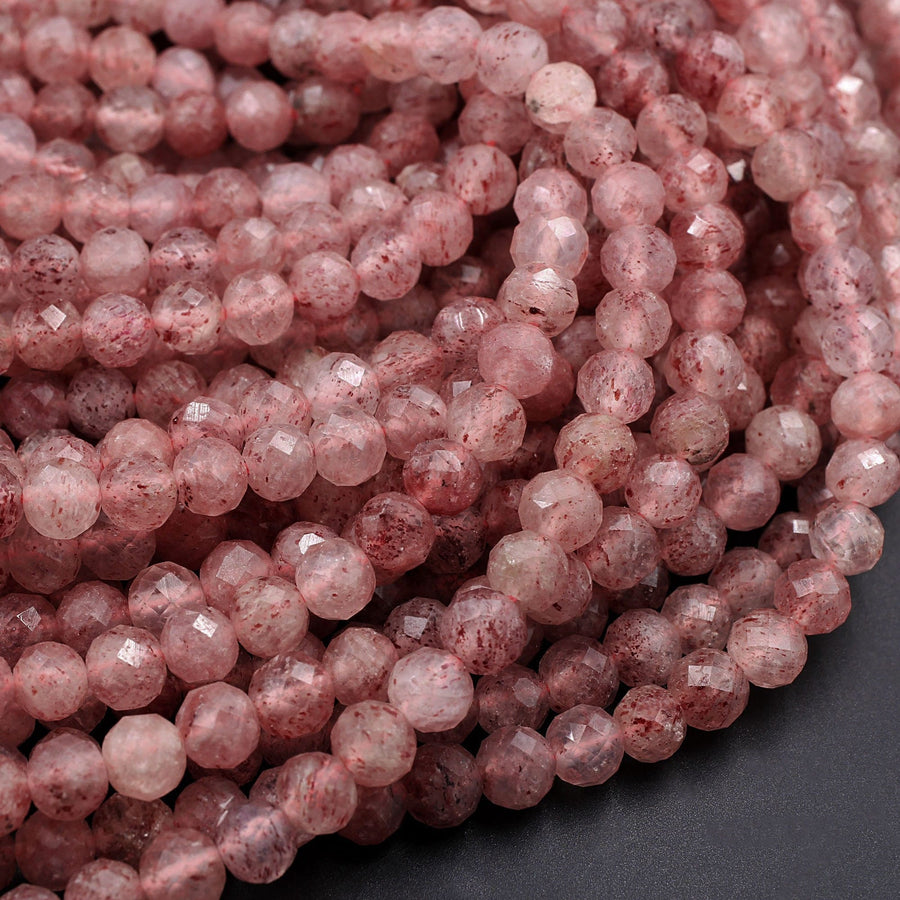 Faceted Natural Strawberry Quartz Faceted 3mm 6mm Round Beads 15.5" Strand