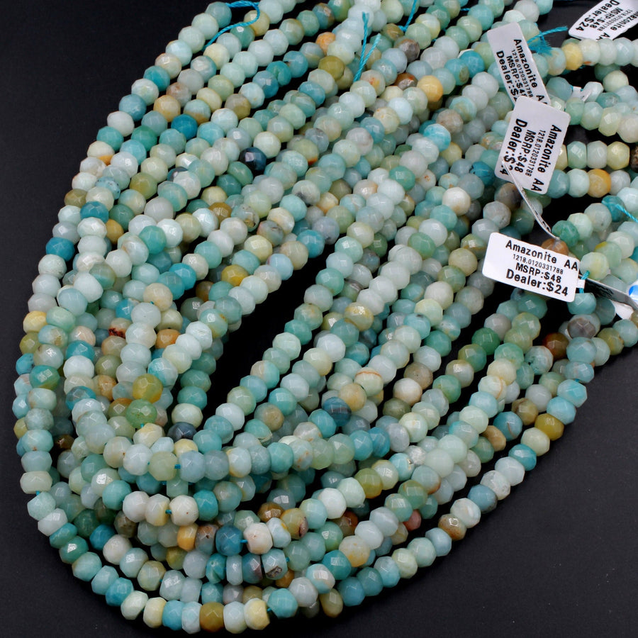 Natural Amazonite Faceted Rondelle Beads 8mm 10mm High Quality Faceted Multi Color Amazonite Blue Green Yellow Gemstone 15.5" Strand
