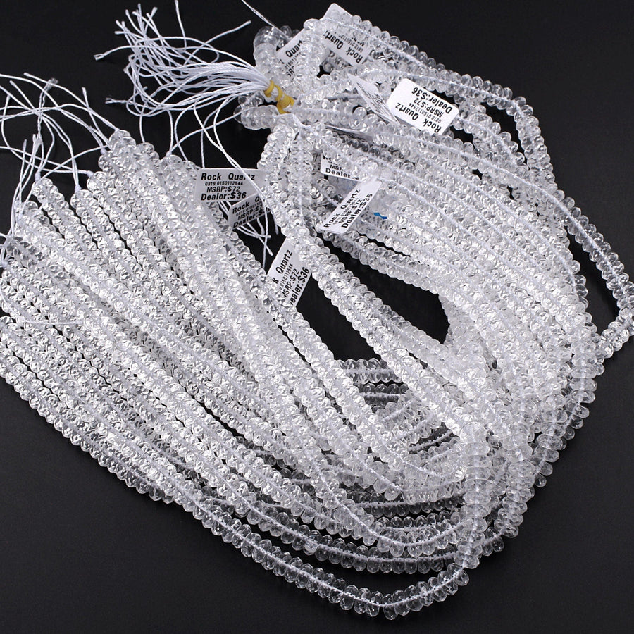 Faceted Natural Rock Crystal Quartz 9mm Beads Rondelle Icy Rock Crystal Hand Cut Clear Raw Crystals 15.5" Strand