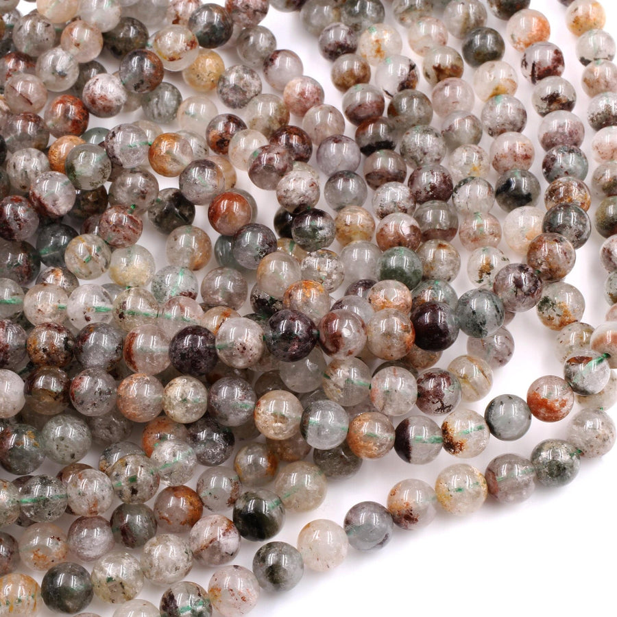 Multicolor Natural Brown Amber Forest Green Thousand Layer Rutile Quartz 7mm 8mm Round Beads 15.5" Strand