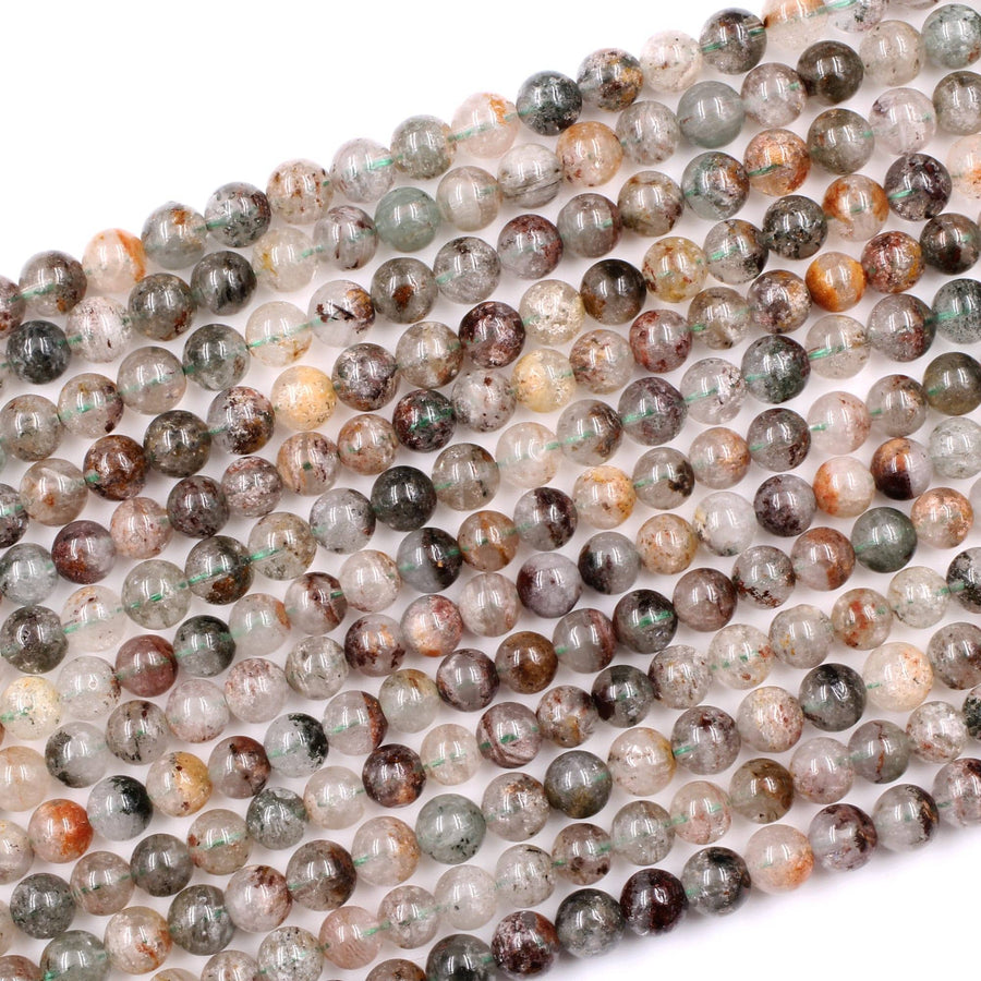 Multicolor Natural Brown Amber Forest Green Thousand Layer Rutile Quartz 7mm 8mm Round Beads 15.5" Strand