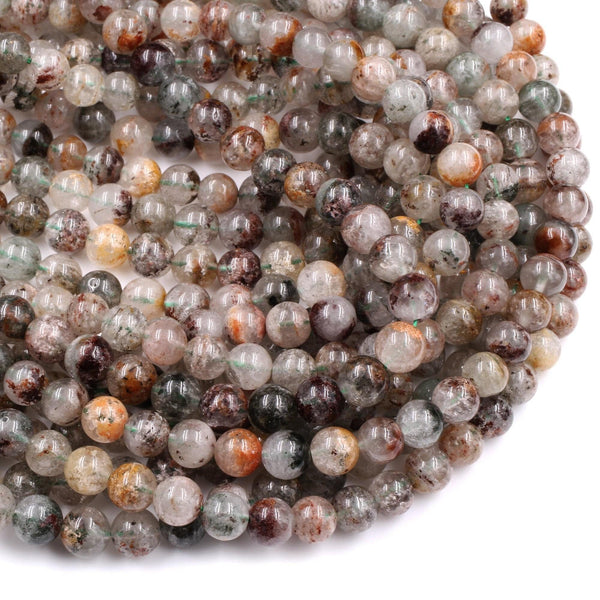Multicolor Natural Brown Amber Forest Green Thousand Layer Rutile Quartz 7mm 8mm Round Beads 15.5" Strand