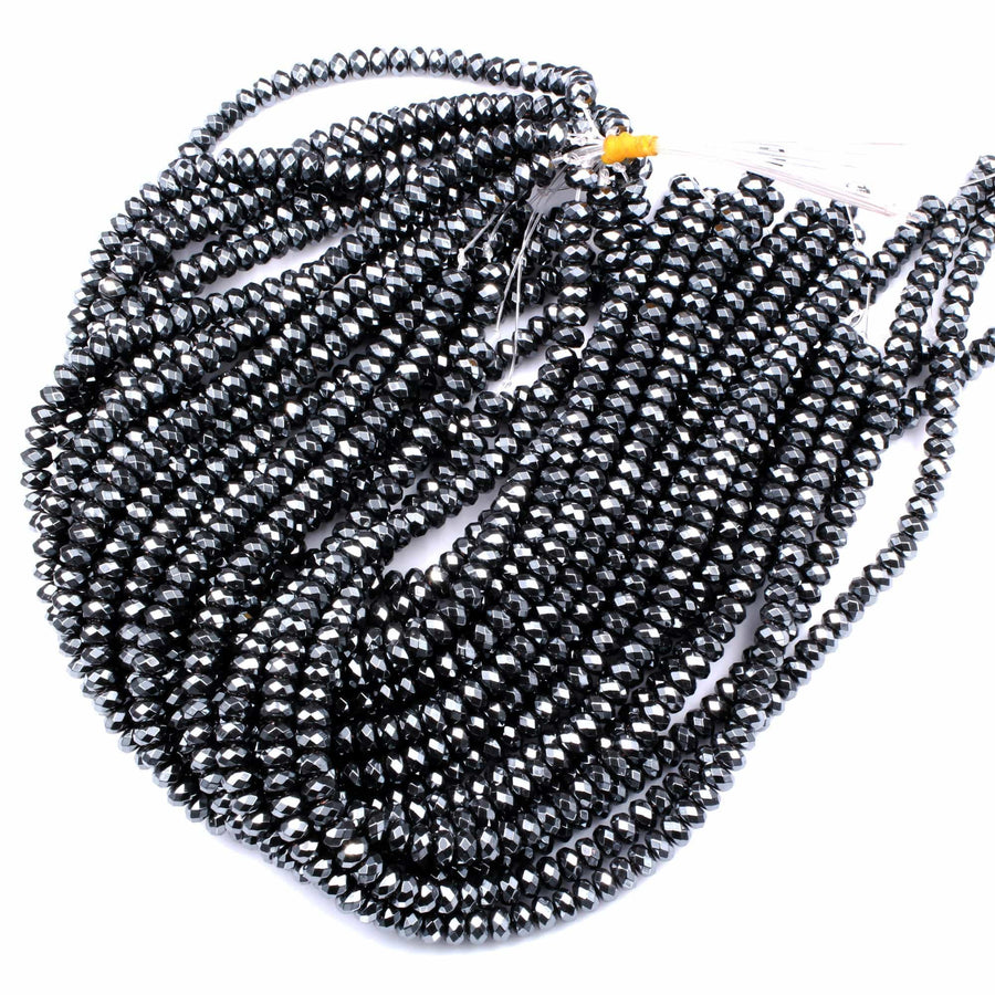 Faceted Hematite Rondelle beads 3mm 4mm 6mm 8mm Diamond Micro Cut Sparkling Natural Black Gemstone 15.5" Strand