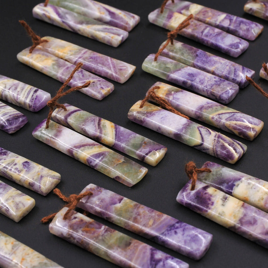 Drilled Natural Petrified Purple Fluorite Earring Pair Long Rectangle Cabochon Cab Pair Matched Earrings Beads Stone