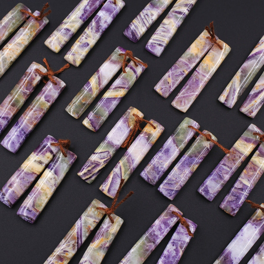 Drilled Natural Petrified Purple Fluorite Earring Pair Long Rectangle Cabochon Cab Pair Matched Earrings Beads Stone