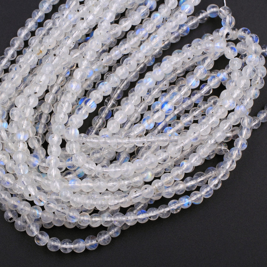 AAA+ Natural Rainbow Moonstone 4mm Round Beads Extra Blue Flashes Super Translucent Gemstone 15.5" Strand