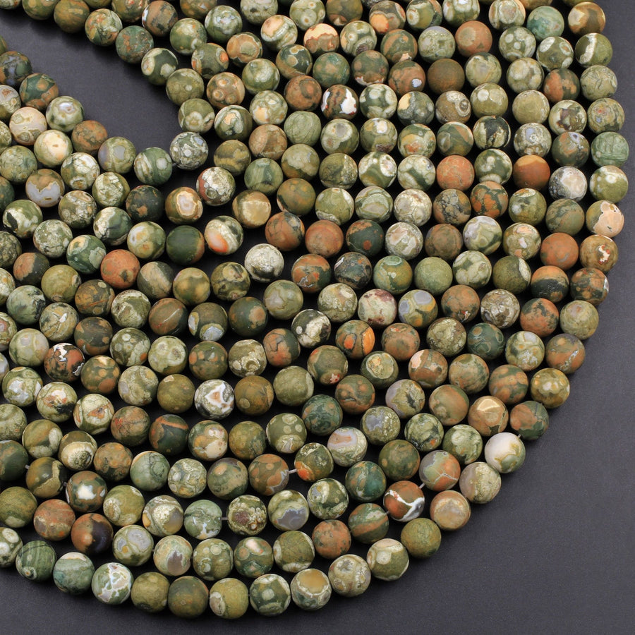 Matte Natural Rainforest Rhyolite Jasper Round 4mm 6mm 8mm 10mm Green Brown Orange Brown Beads 15.5" Strand